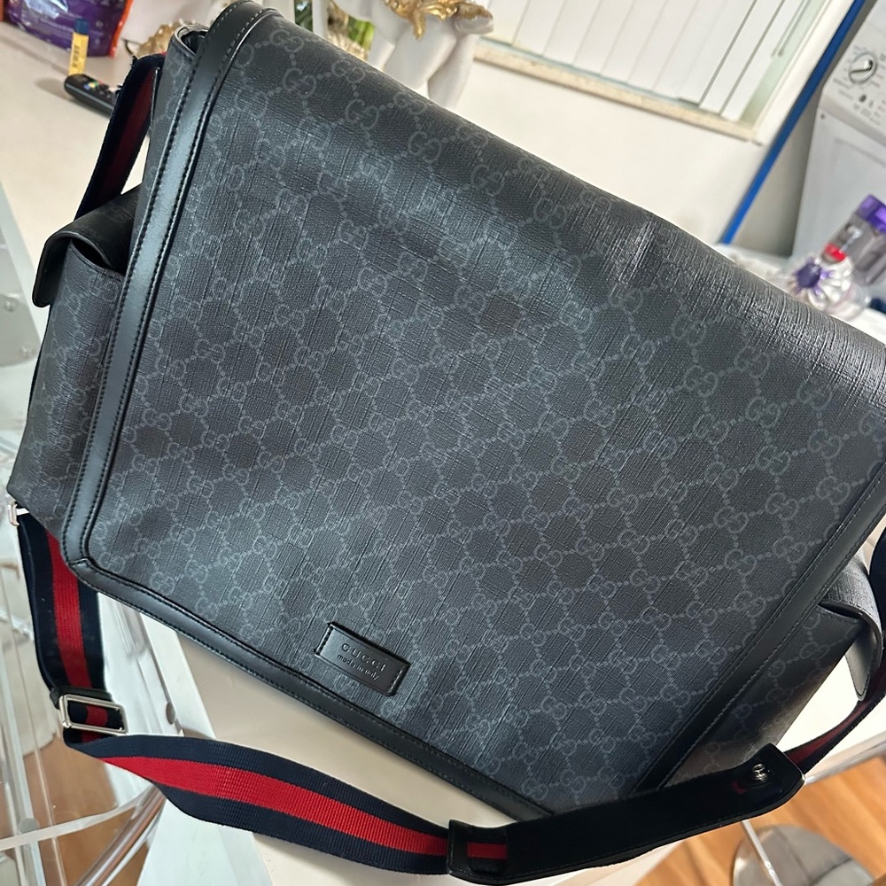 Gucci Black Monogram diaper Bag with Red and Blue Strap